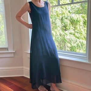 Maxmara. 100% Italian silk. Navy flows into black at hem.  Multi layers.